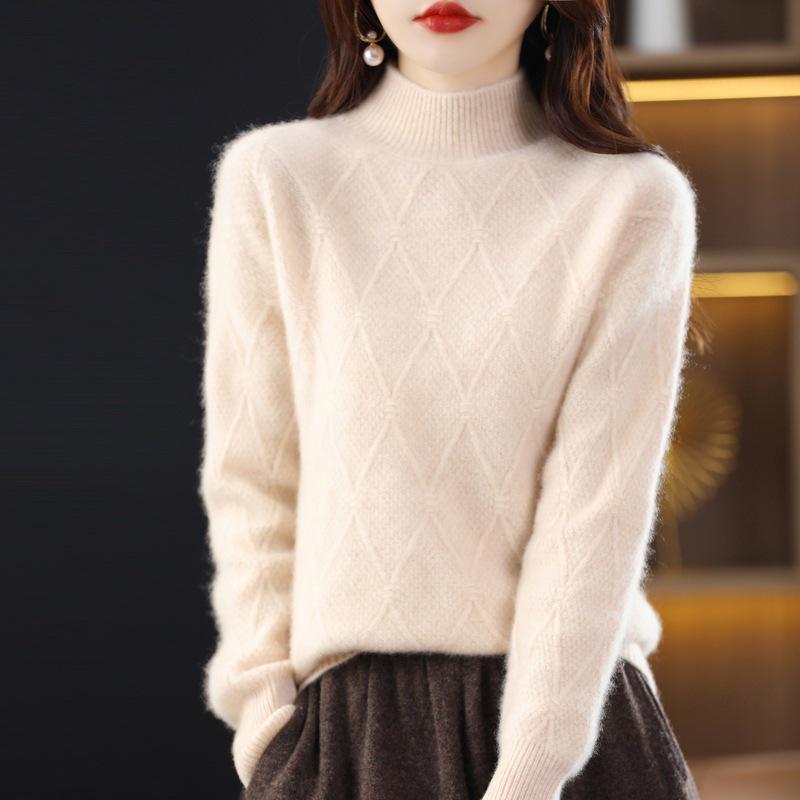 Women's High Neck Pure Wool Pullover Sweater with Diamond Pattern, Thick Base Layer, Solid Color Knit.