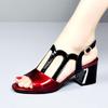 New Women Peep Toe Sandals,Summer Heels,Square Mid Heel,Ankle Buckle,Hollow Out Shoes,Korean Style,Female Footware,Wine-red