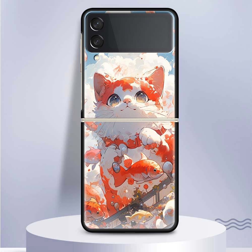 Cartoon Cute Cat Fish Aesthetic For Samsung Galaxy Z Flip 5 4 3 5G Phone Case Black Hard Cover ZFlip 5 4 3 Luxury Shockproof Bum