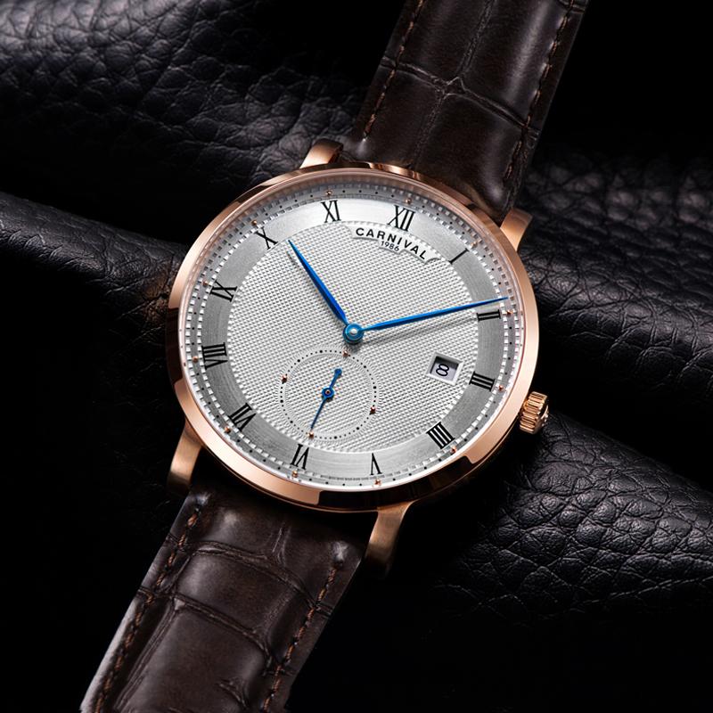 CARNIVAL Designer Luxury Rose Gold Automatic Movement Mechanical Clock High Quality Waterproof Leather Men's Watches