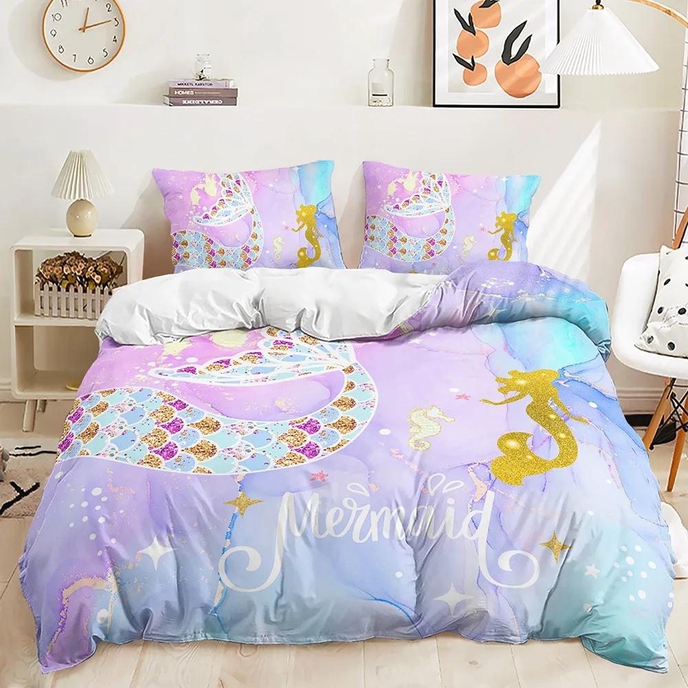 Cartoon Mermaid Bedding Set Comfortable Duvet Quilt Cover Pillowcase Bedding Set Children Bedroom Decoration Home Textile