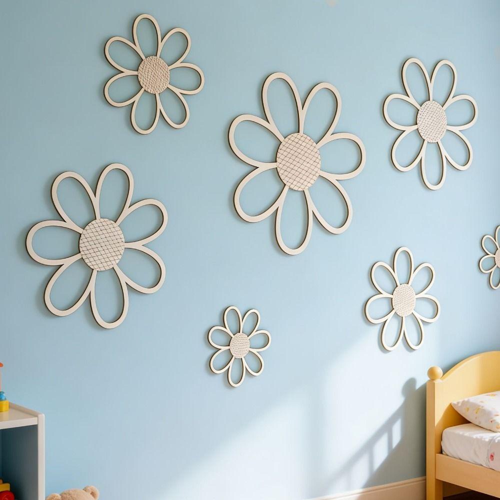 7PCS Wood Wall Hanging Decoration Boho Hollow Flower Ornament New Wall Art  For Bedroom