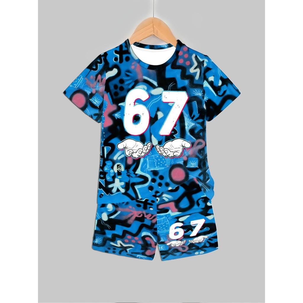 Boys' Shorts Set: Trendy Graffiti Style Two-Piece Set - Printed T-Shirt and Shorts, Hip-Hop Personality Style, Comfortable Summer Kids' Outfit