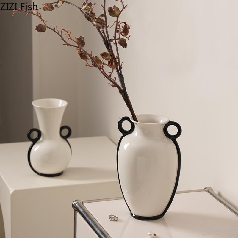Double-ear Handles Ceramic Vase Minimalist Flower Pots Desk Decoration Flower Arrangement Floral Vases Room Aesthetic Decor