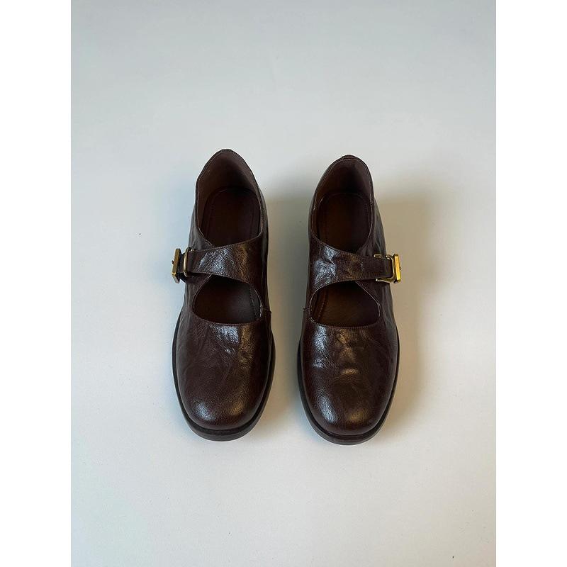Sheepskin Version~ Retro Commuter Mary Jane Shoes Women's Round Head Thick Heel Leather Single Shoes Versatile One-word Buckle Belt Small Leather Shoe