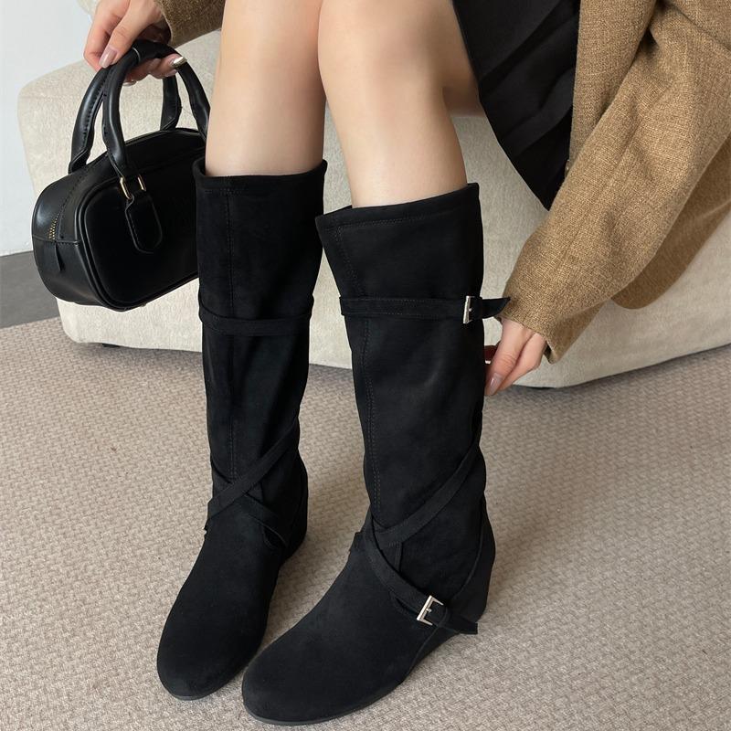 New Retro Matte, Height Increased by 6cm~ Korean Round Head Buckle with Soft Folds and Thin High Boots for Women's Autumn