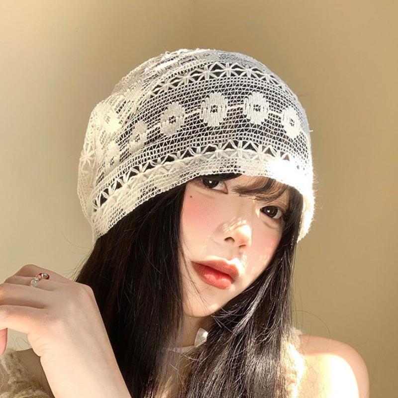 Cappello Turbante da Donna in Pizzo Floreale Traforato Primavera Estate Sottile Traspirante Slouchy Stile Coreano Versatile Cappellino Sottile per Snellire il Viso