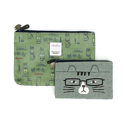 Kusuguru Nekomaruke Square Pouch Set Green Khaki
