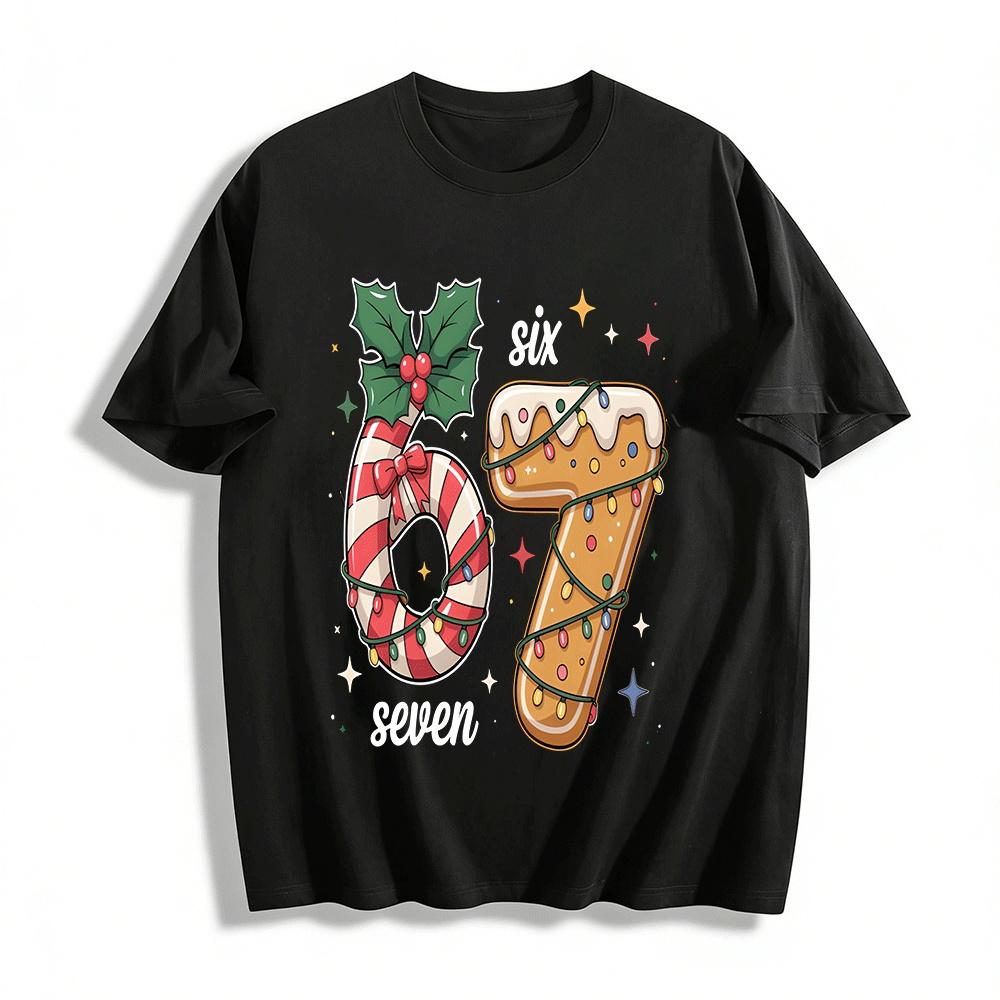 Christmas Themed Number 67 Gingerbread Candy Cane Print Top Pure cotton T-shirt XXS