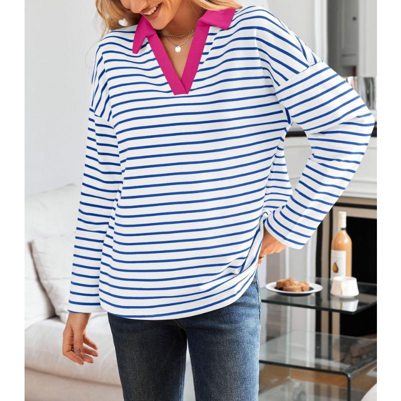 Spring Autumn Women's Striped V-Neck Loose Sweatshirt Lapel Sweatshirt