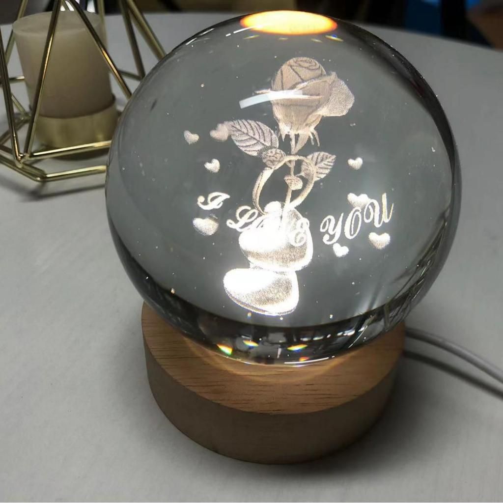 Remote Control Crystal Ball Night Light with Wooden Base – 3D Carving Luminous Glass Ornament, Perfect for Birthdays.
