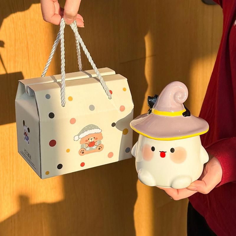 Halloween cute ghost cup girl ceramic mug with lid spoon office couple coffee cup souvenir