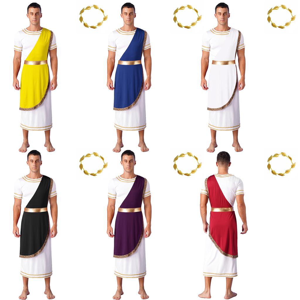 Mens Ancient Greek Toga Costume Short Sleeve Retro Gold Trim Roman Robe Headband Cosplay
