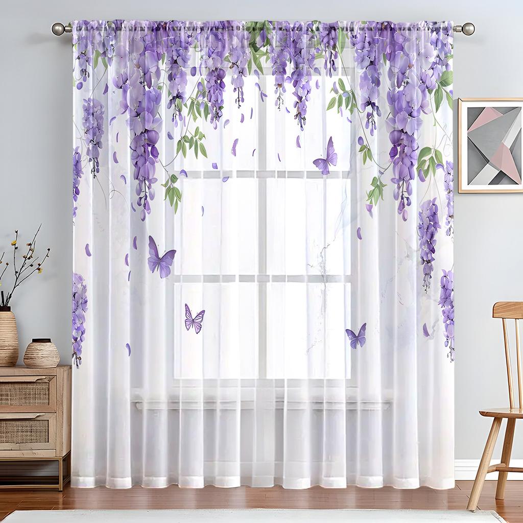 1PC Art Deco Style Sheer Curtain Tiers, Pastoral Flower and Butterfly Print,Rod Pocket, No Bleach, Clear Opacity, for Bedroom, Living Room