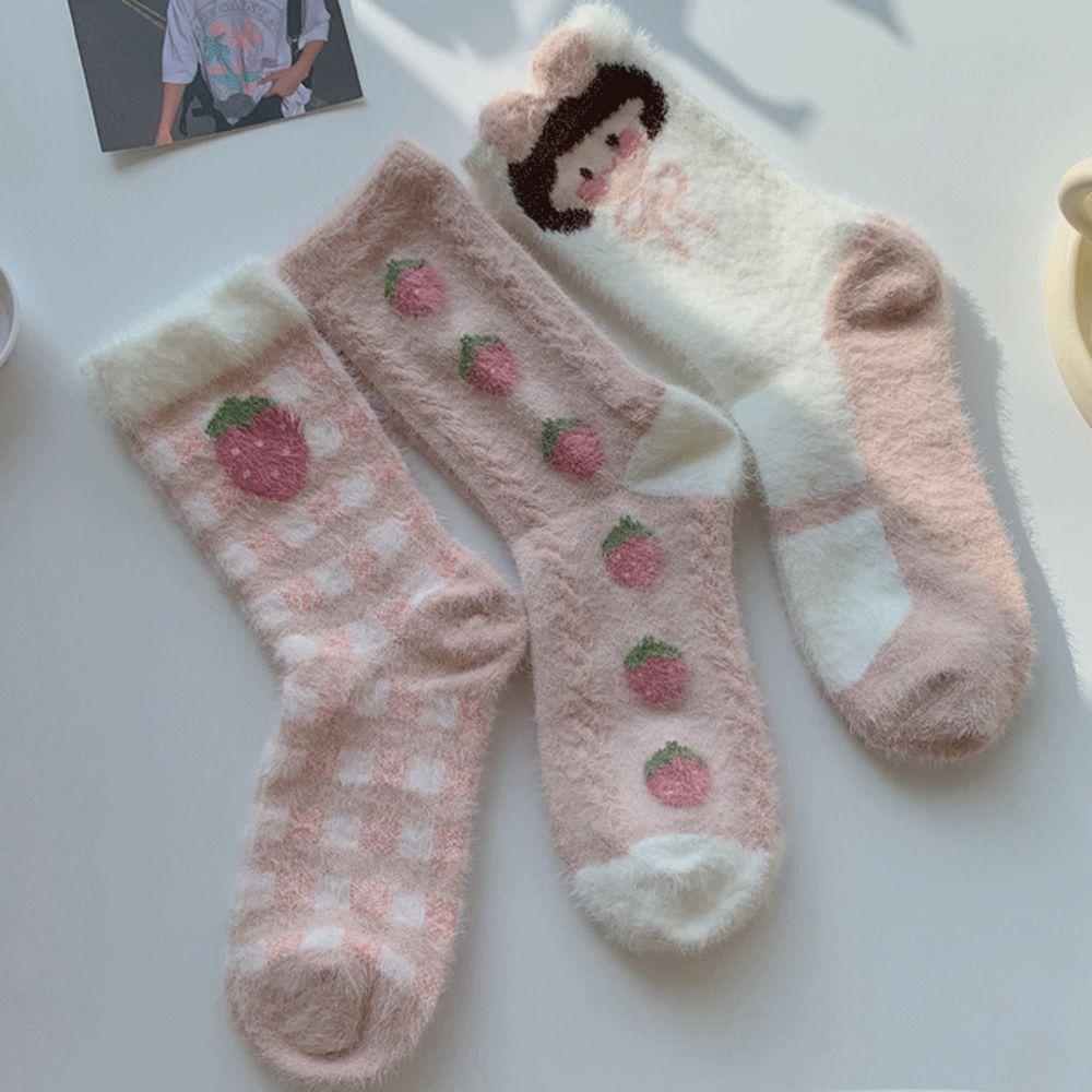 

3Pairs Thicken Mink Fur Socks Stripe Winter Floor Socks Fashion Strawberry Plush Socks Girls