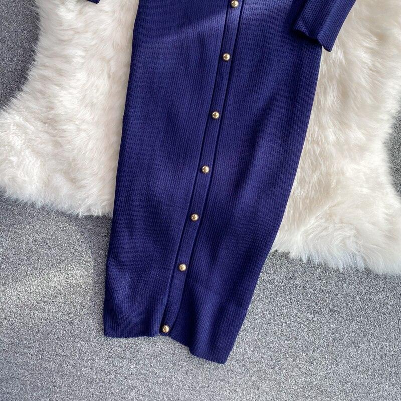 RUGOD Dlouhý rukáv Visící výstřih s výstřihem do V Elastické pletené šaty 2022 Podzim Zima Nový styl Dlouhá sukně s přiléhavým zadečkem