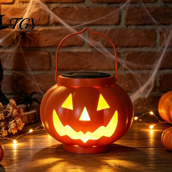 Automatic Dusk to Dawn Lights Solar Pumpkin Lanterns, Waterproof Outdoor Halloween Light, Spooky Autumn Holiday Party Ornaments Hanging Orange Lantern