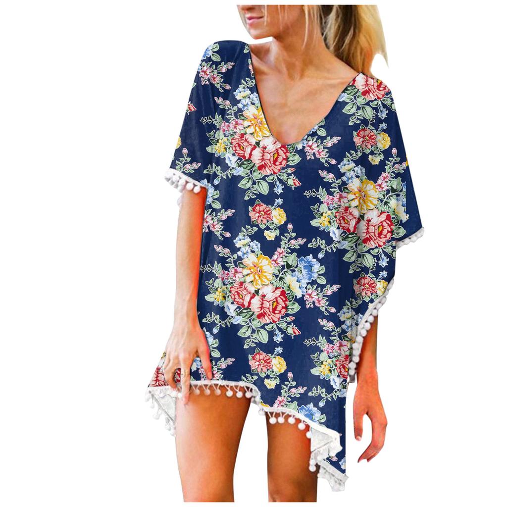 Women's Trim Kaftan Chiffon Tassels Swimwear Beach Loose Bikini Cover Up Tops