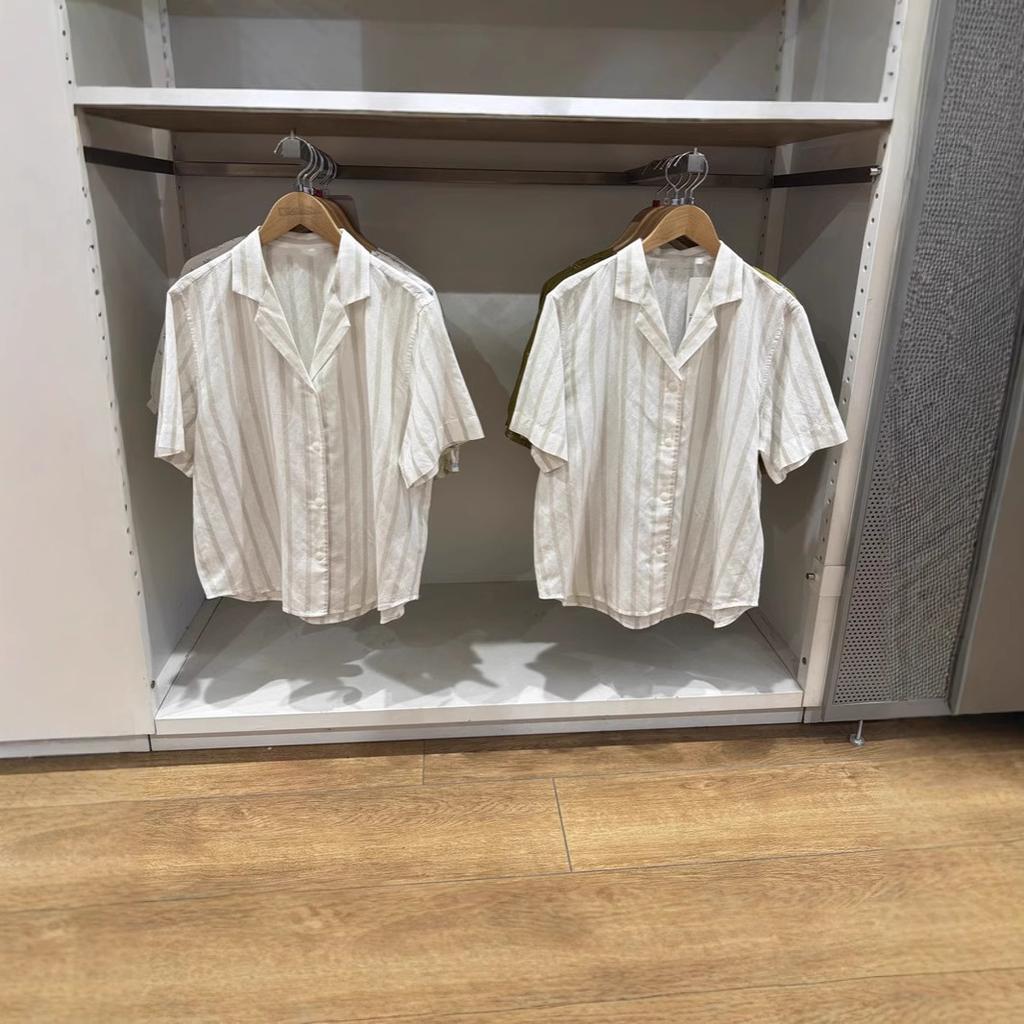 1116 Summer New Women's Hemp Blended Open Neck Striped Shirt Short Sleeve Shirt Loose Top Women's 171611