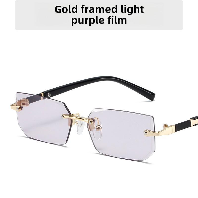 Modne kwadratowe okulary przeciwsłoneczne bez oprawek z kolorowymi soczewkami oceanicznymi i metaliczną teksturą