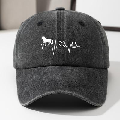 Vintage Baseball Cap Adjustable Vintage Washed Baseball Cap with Heartbeat Horse Silhouette Design Lightweight Breathable