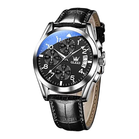 OLEVS Stylish Men s Black Simple Waterproof Business Date Calculating Watch Men s Leather Quartz Analog Arm Watch Chronograph Popular Present Arabic