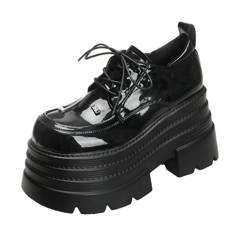 Autumn Women Patent Leather Chunky Sneakers Fur Loafers 10CM High Heels Platform Winter Warm Plush Casual Snow Shoes Flats Woman