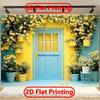 2D Bright Floral Home Backdrop, Yellow Wall with Blue Door and Flowers for Photography