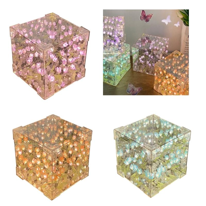 Handcrafts Tulips Night Light Set Home Decoration DIY Kits Handmade Flower Cube Lamp Desktop Ornament Table Night Lamp