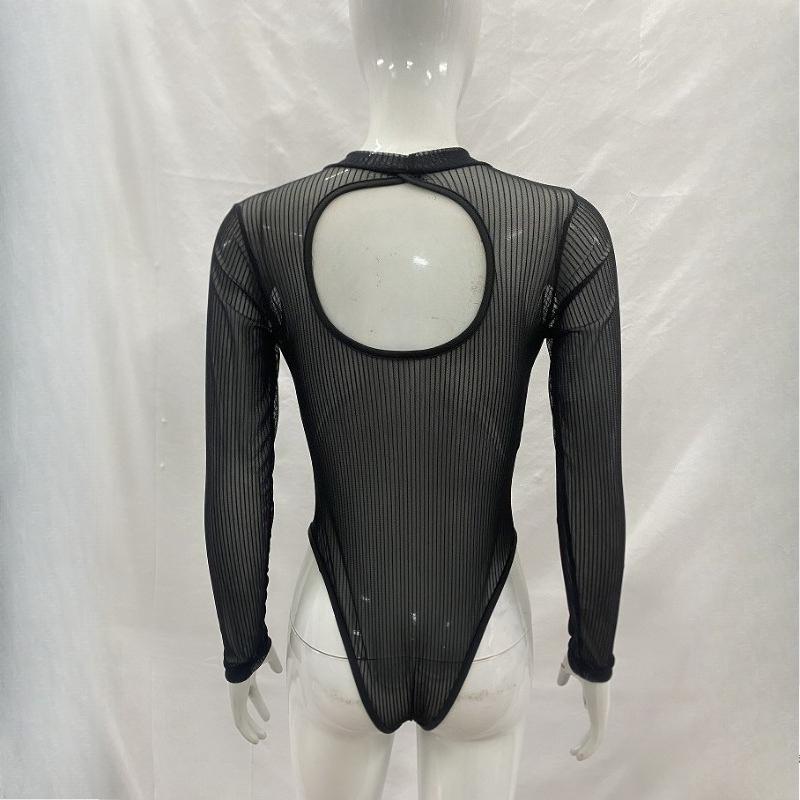 Summer Retro Sexy See Through Striped Mesh Slim Fitting Jumpsuit for Women