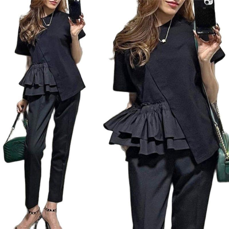 

Short Sleeve Tshirts Women Ruffles Patchwork Fashion T Shirts High Street Casual All Match XXXL