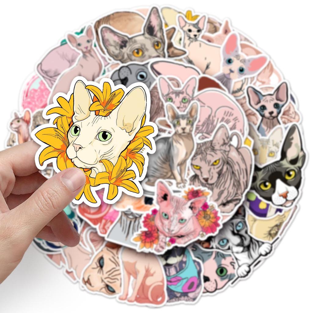 Sphinx Hairless Cat Waterproof Stickers - 50 Cartoon Sheets for Phone and Suitcase Decoration
