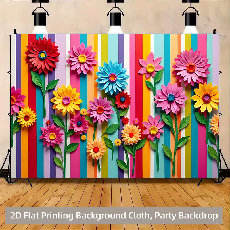 2D Rainbow Stripes and Paper Art Flowers Background Cloth Photo Booth Prop