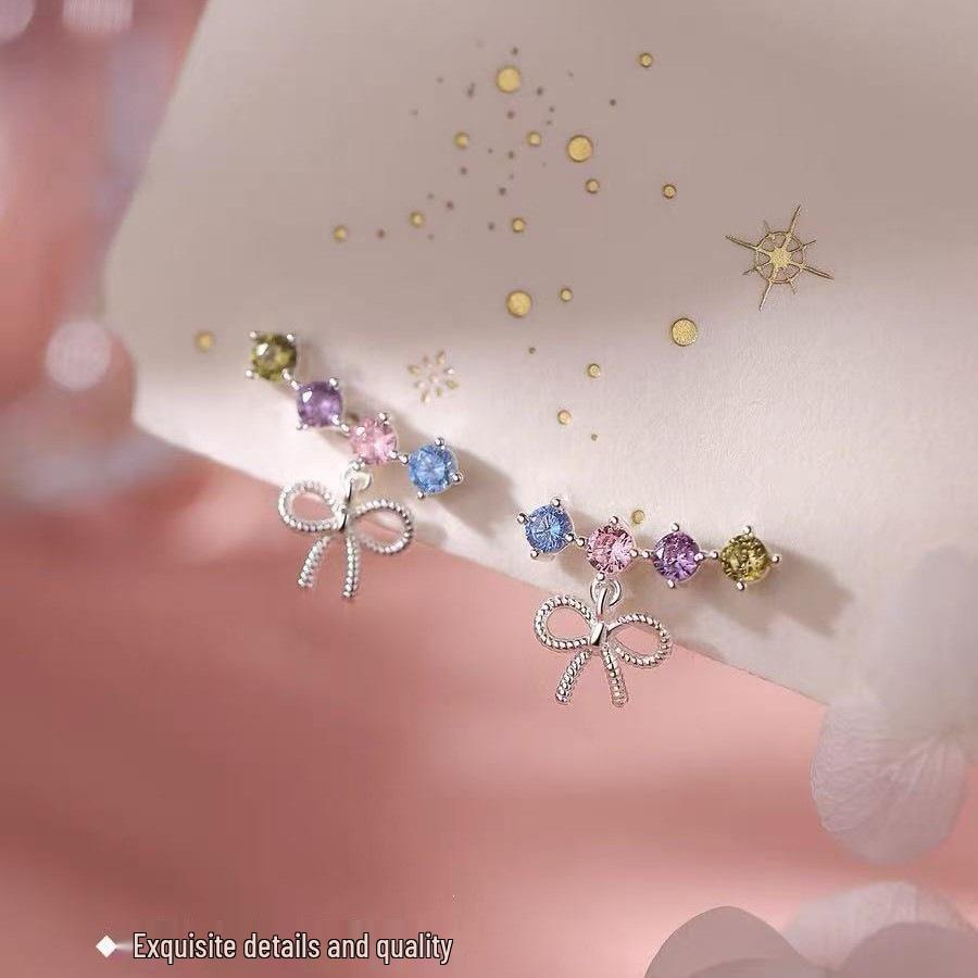 925 Sterling Silver Colorful Diamond Bow Stud Earrings for Women - 2026 Trendy Niche Design