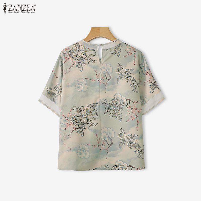 ZANZEA Women Casual Round Neck Short Sleeve Print Blouse