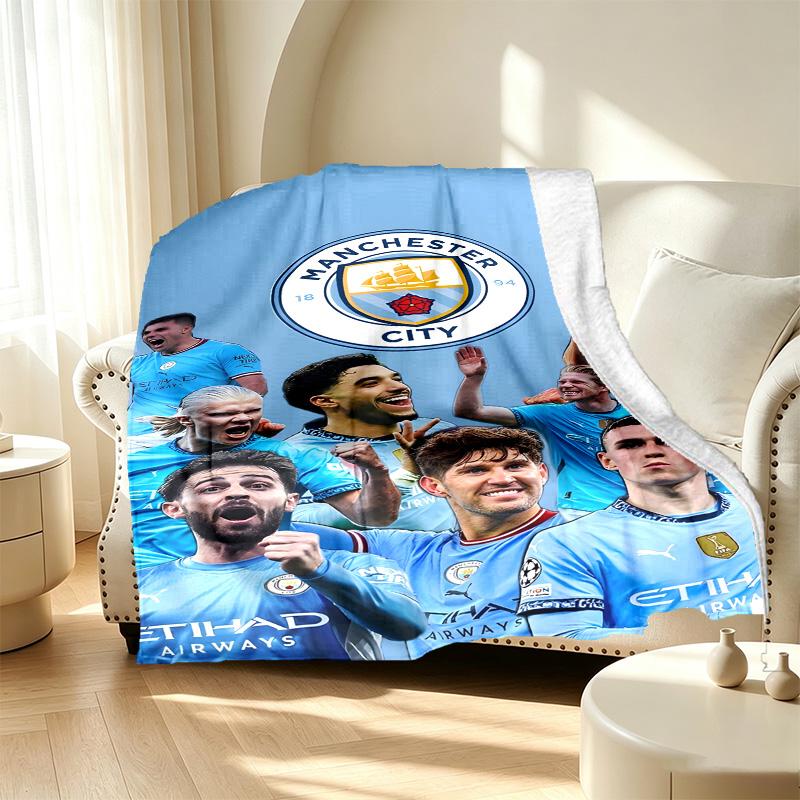 Football Team City FC Pattern Blanket for Home Decoration, Bed, Sofa, Car Travel, Camping, Suitable for All Seasons, Birthday Christmas Gift