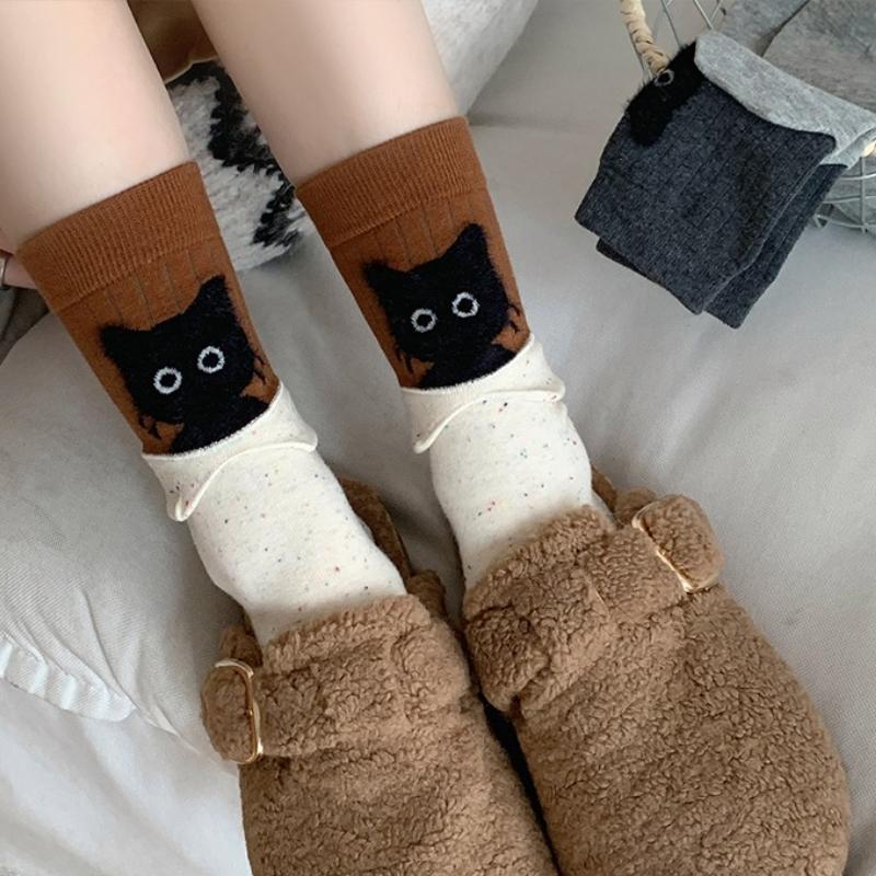 1-3pairs Cute Japanese Cartoon Kitten Mid Socks Women's Autumn and Winter Warm Stacking Socks Versatile Mid Socks
