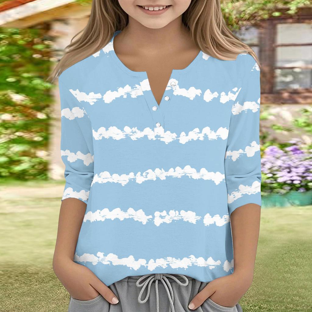 Print Tops For Youth Girls V Neck Button 3/4 Sleeves T-Shirts Trendy Tops Outfit Tees