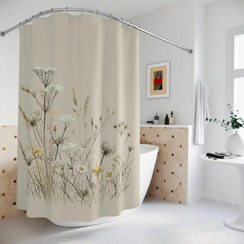 

Wildflowers And Grasses Cloth Shower Curtain. Featuring Delicate Meadow Wild Grasses And Subtle Wildflowers In Yellow W60H190(CM)-1 Pcs
