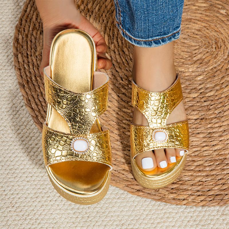 Fashion Gold Cross Band Wedges Sandals for Women Large Pearl Patent Leather Chunky Platform Slippers Thick Sole Non Slip Party Shoes