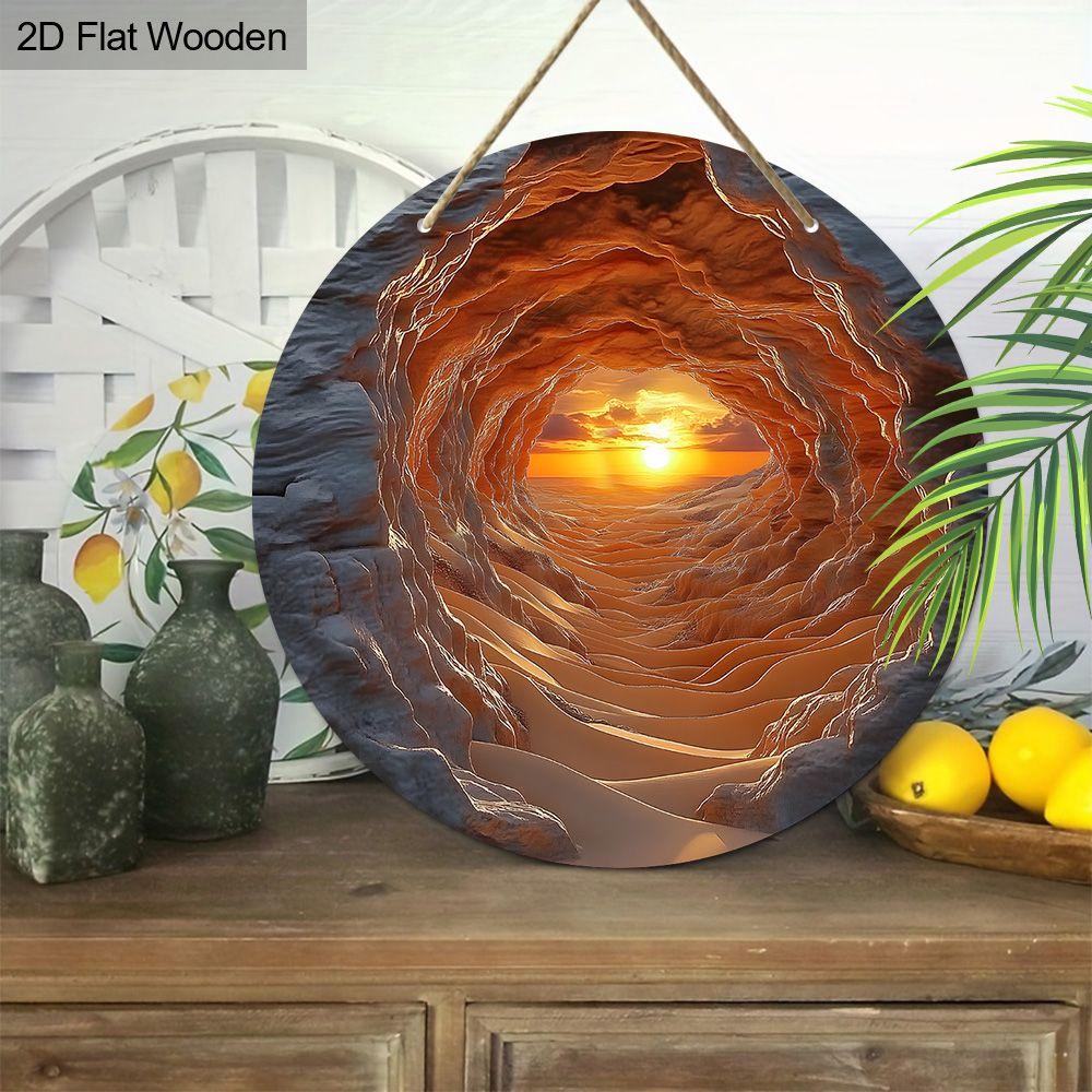 Cave View Desert Sunset Round Wooden Hanging Sign, 2D Flat Printed Nature Landscape Wall Door Ornament, Scenic Home Decor Gift