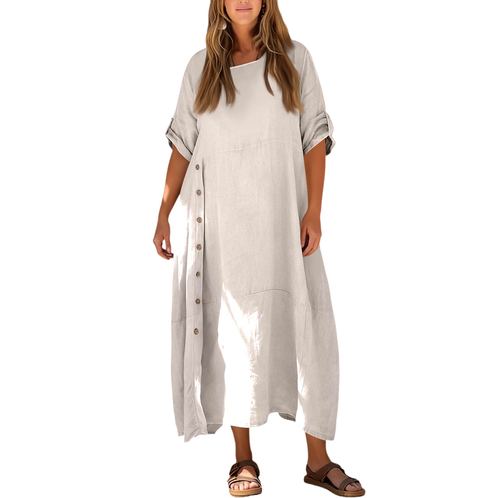 

Женское повседневное свободное платье-рубашка из хлопка и льна с коротким рукавом, длинное, с разрезом XXXXL бежевый