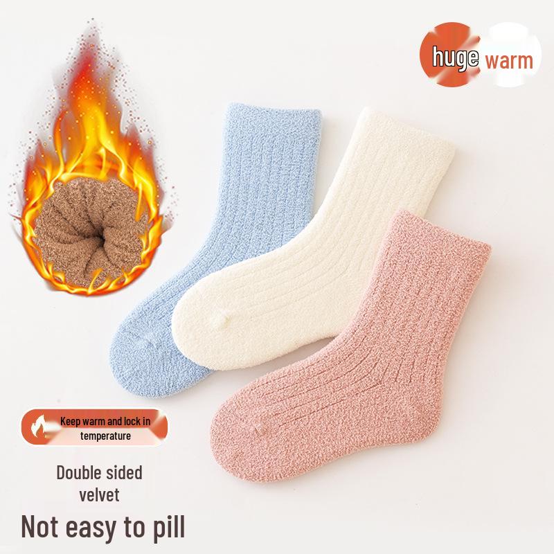 Sada 3 ks - Dětské zesílené ponožky z coral fleecu proti žmolkování pro podzim/zimu, střední výška lýtka, unisex pro chlapce a dívky