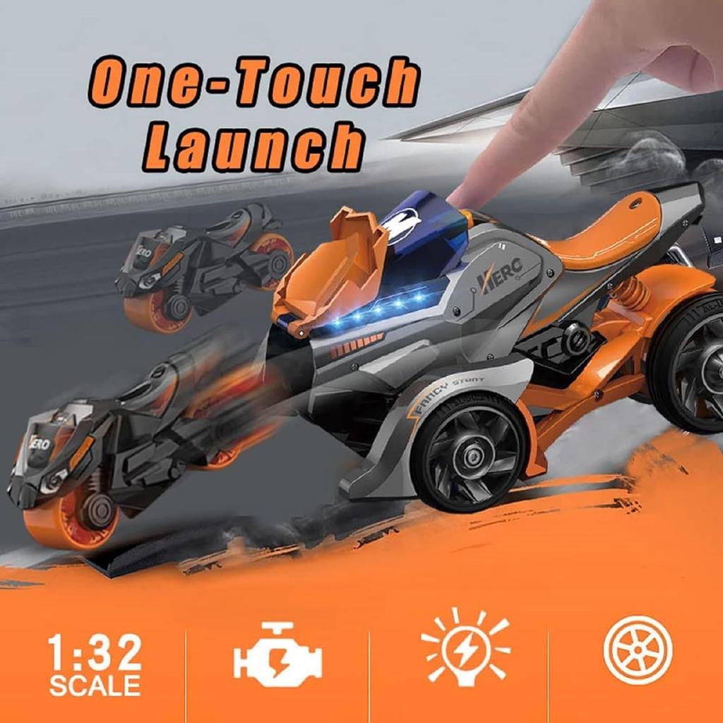 Jucării pentru motociclete 1/32 cu tragere înapoi, jucărie de lansare de motociclete cu iluminare muzicală, cadou 2 în 1 cu catapultă Race Trinity Car pentru băieți și copii