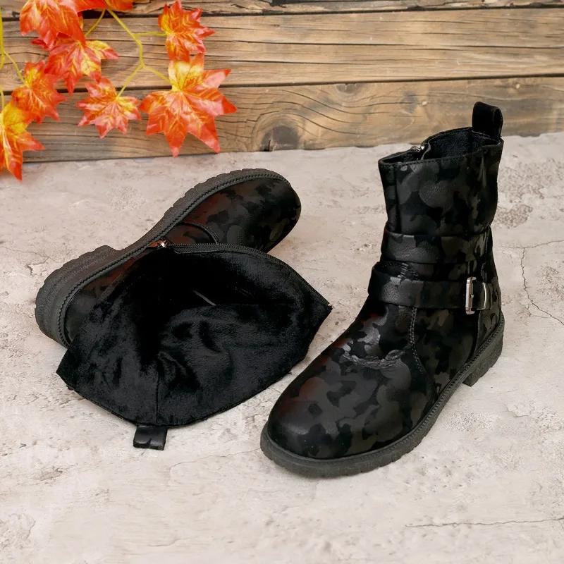 Fashion Size 36-43 Round Toe Belt Buckle Side Zipper Med Heels Short Boots Women's Shoes Retro Camouflage Chelsea Boot Botas Mujer