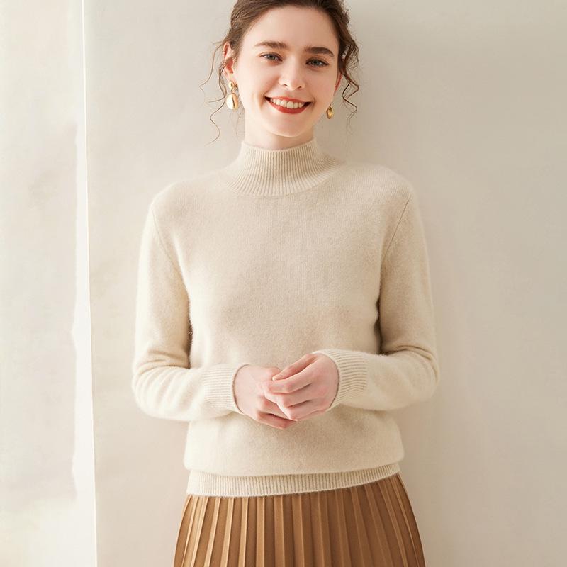 Women's Cashmere Half High Neck Slimming Solid Color Sweater for Autumn/Winter
