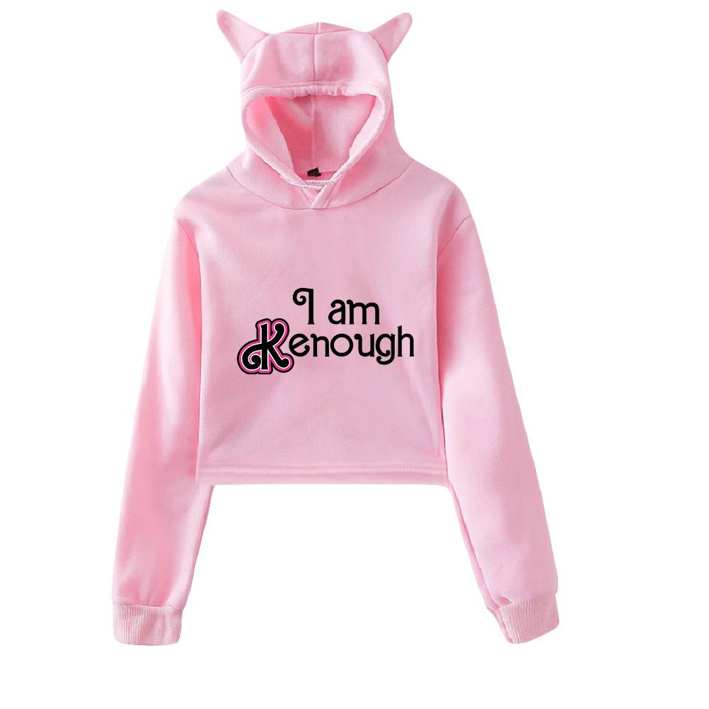 NEW Women's Long Sleeve Crop Top Hoodie Barbie I Am Kenough Printed Hoody with Cute Cat Ear