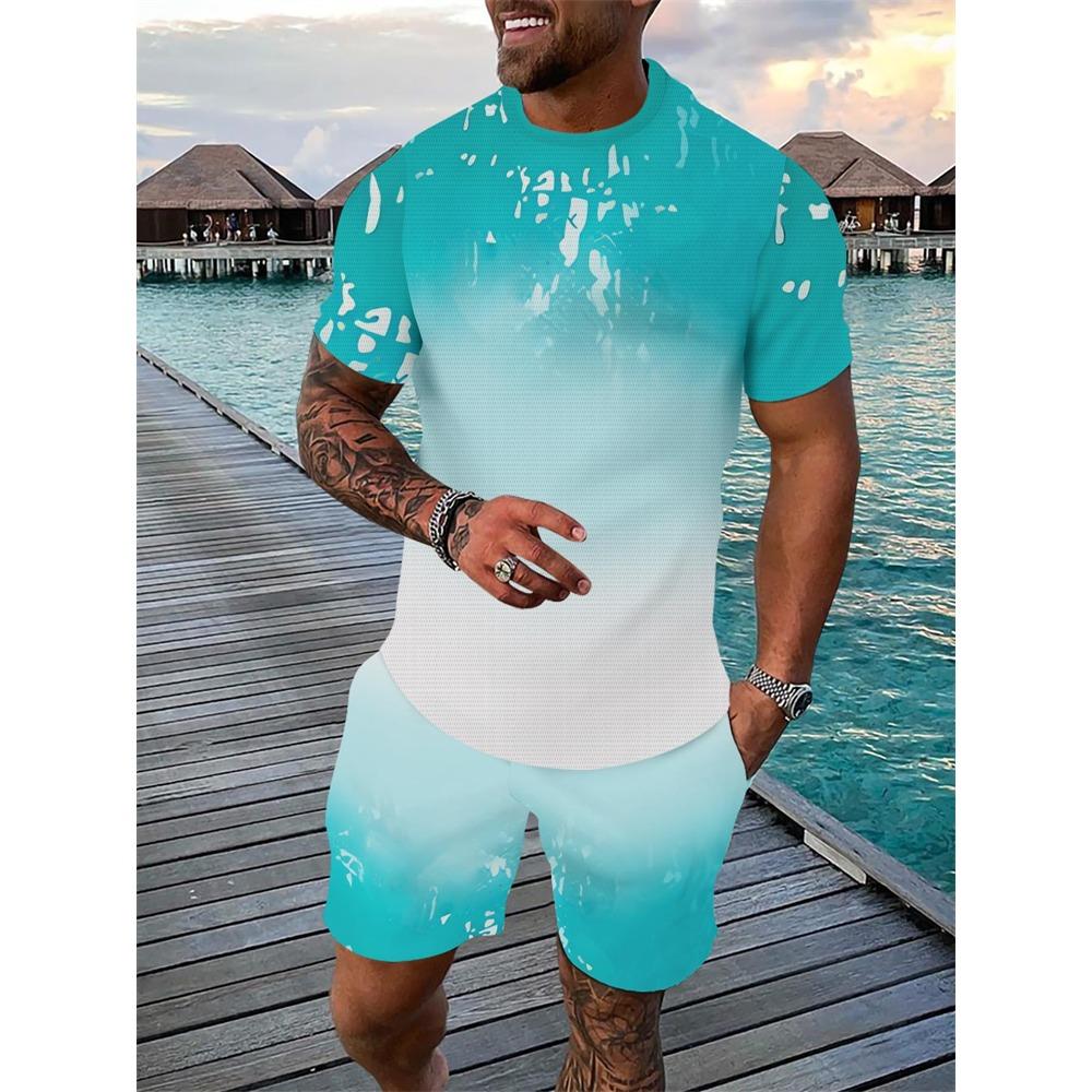 New Men's Hawaiian Two-Piece Set Beach Coconut Tree Print Crew Neck Short Sleeve Shirt Drawstring Shorts Casual Vacation Outfit