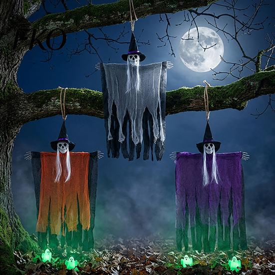 Spooky Holiday Hanging Decoration 38" Halloween Witch Decoration, Scary Flying Skeleton Ghost Party Accessory for Outdoor, Indoor Haunted House Porch