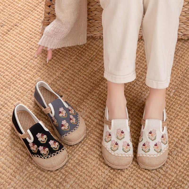 Johnature Pantofi din Pânză Brodați în Stil Etnic, Handmade, din Bumbac și In, cu Talpă Moale, Respirabili, Pantofi Plați de Damă